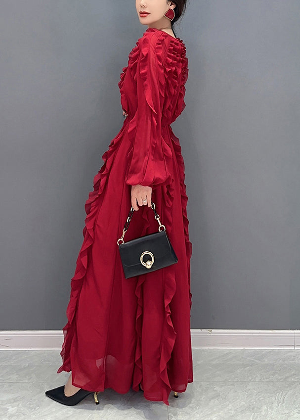 Red Slim Fit Chiffon Long Dresses O-neck Ruffles Spring