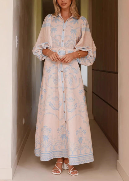 Blue Print Maxi Linen Dresses Lantern Sleeve Fall