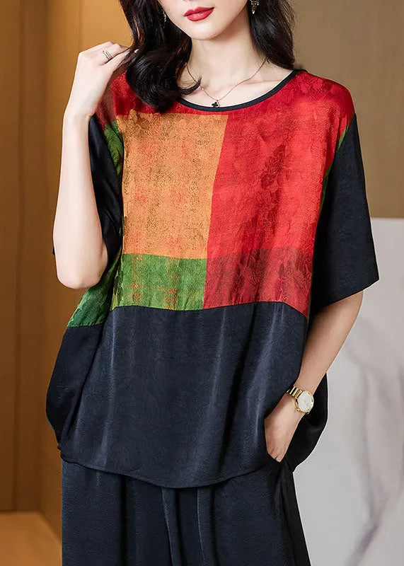 Black O Neck Print Patchwork Silk T Shirt Tops Half Sleeve