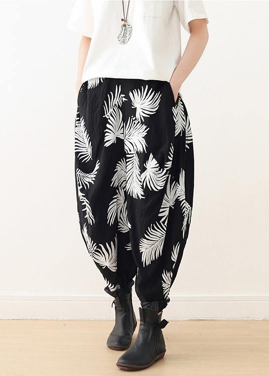 White Print Elastic Waist Cotton Pants