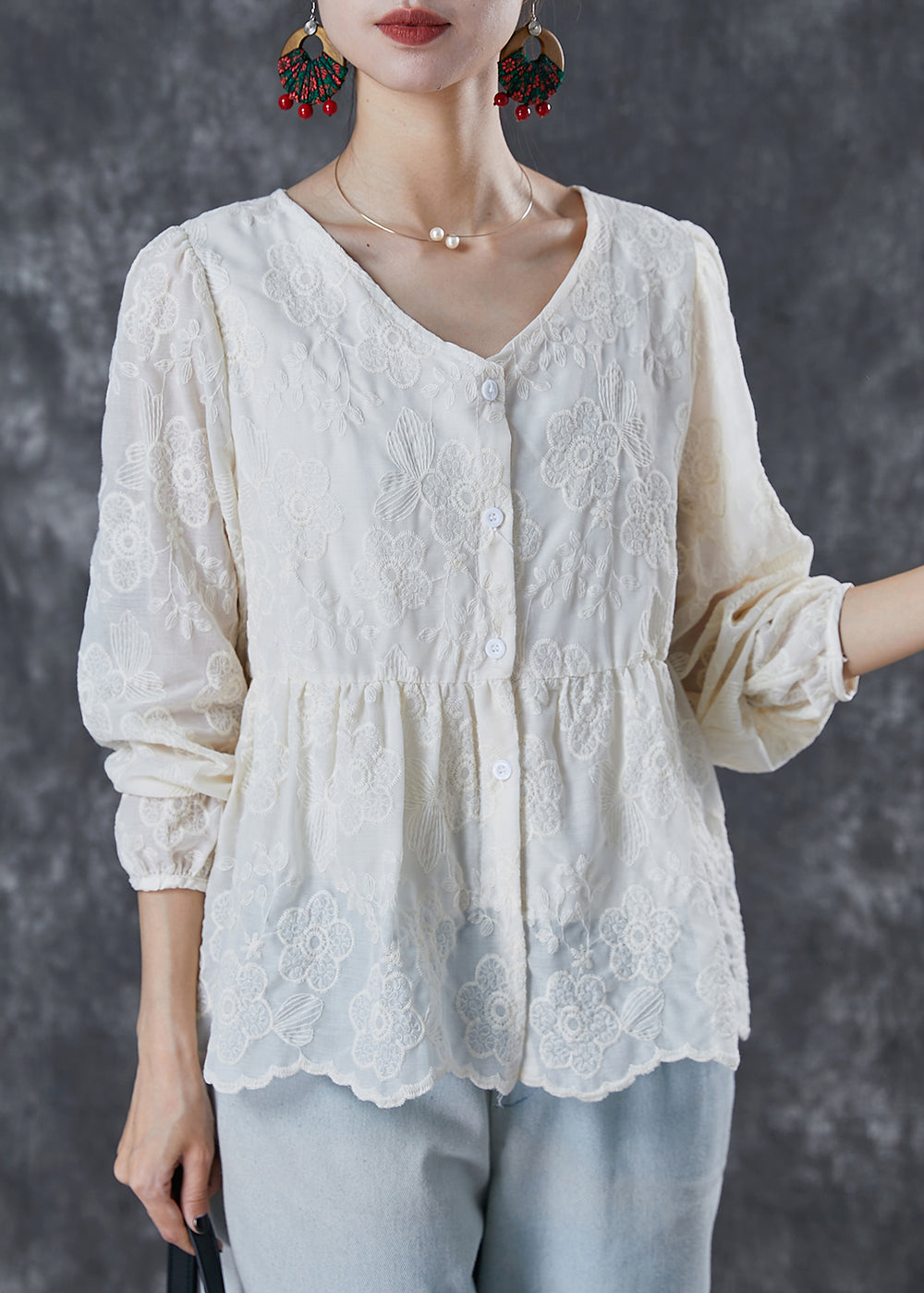 Milk White V Neck Embroidered Cotton Shirt Summer