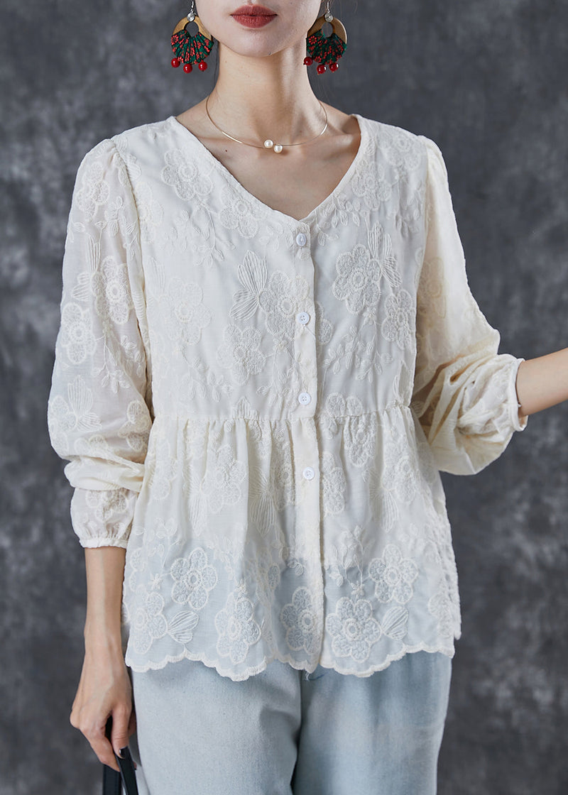 Milk White V Neck Embroidered Cotton Shirt Summer