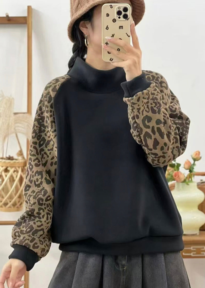 Red Hign Neck Leopard Patchwork Warm Fleece Sweatshirts Top Winter