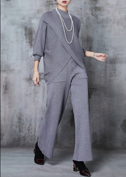 Grey Asymmetrical Design Knit Two Pieces Set Batwing Sleeve