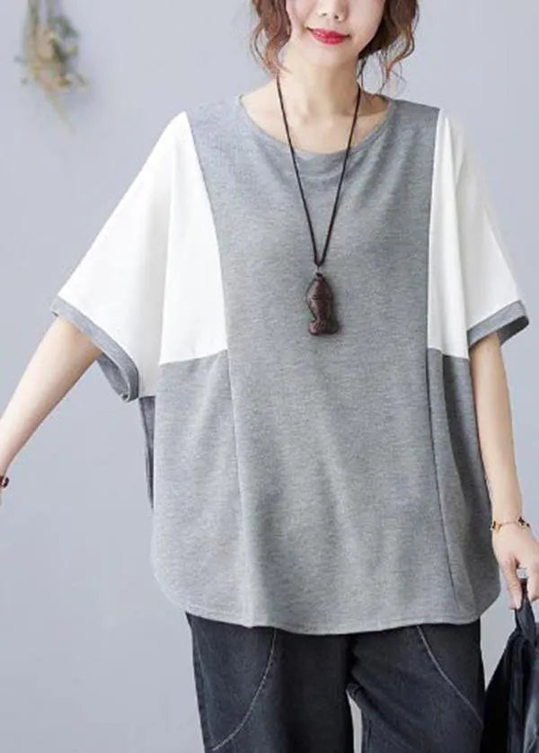 Handmade Blue Patchwork Batwing Sleeve Shirt Top Summer