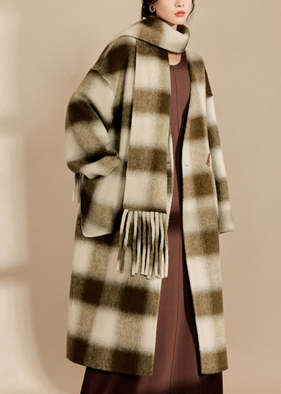 V Neck Pockets Plaid Woolen Maxi Coats Fall
