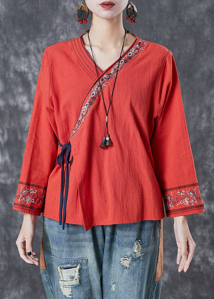 Red Embroidered Lace Up Linen Blouse Top Summer