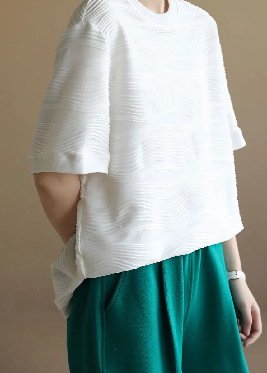 White O-neck Wrinkled Cotton Tanks Short Sleeve