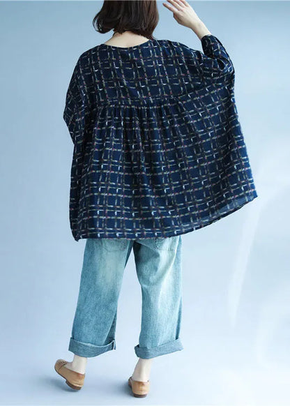Navy V Neck Print Patchwork Fall Shirt Three Quarter Sleeve