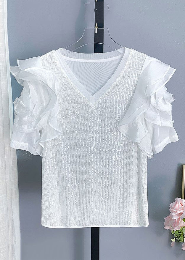 Black V Neck Sequins Patchwork Chiffon T Shirt Summer