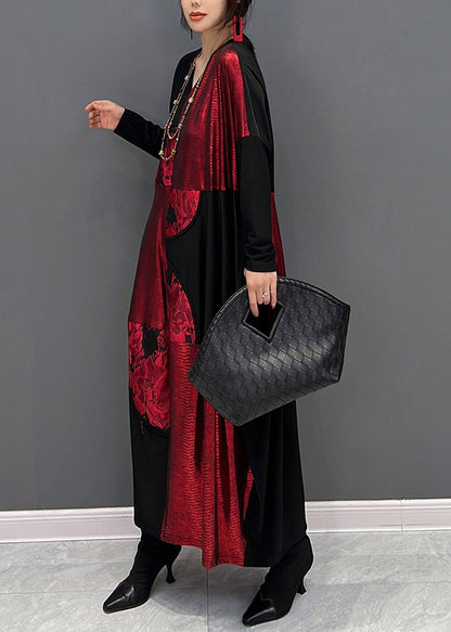 Red Black V Neck Print Patchwork Cotton Long Dress Fall