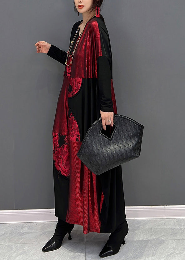 Red Black V Neck Print Patchwork Cotton Long Dress Fall