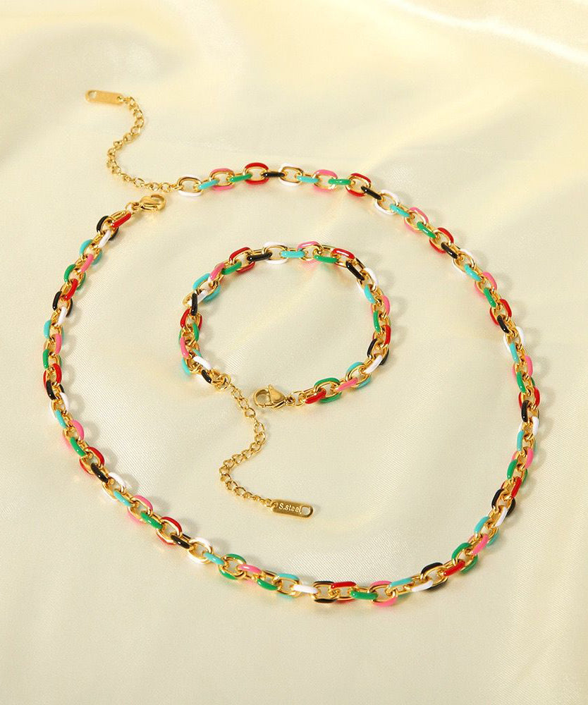 Rainbow Stainless Steel Drip Glaze Enamel Bracelet and Pendant Necklace Two Piece Set