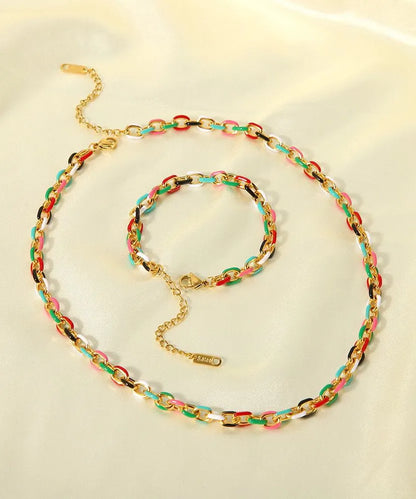 Rainbow Stainless Steel Drip Glaze Enamel Bracelet and Pendant Necklace Two Piece Set