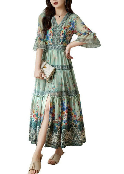 Light Green V Neck Wrinkled Patchwork Print Silk Dresses Summer