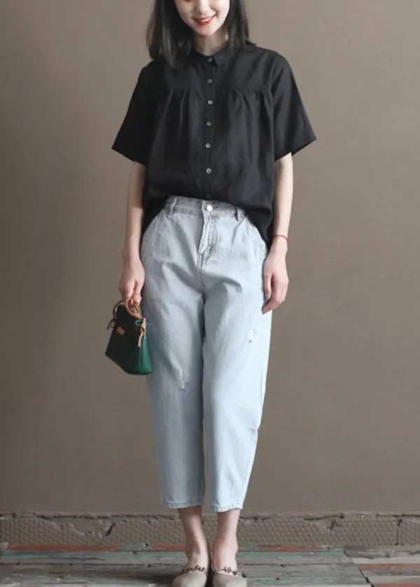 Simple Black Peter Pan Collar Wrinkled Button Linen Blouses Short Sleeve