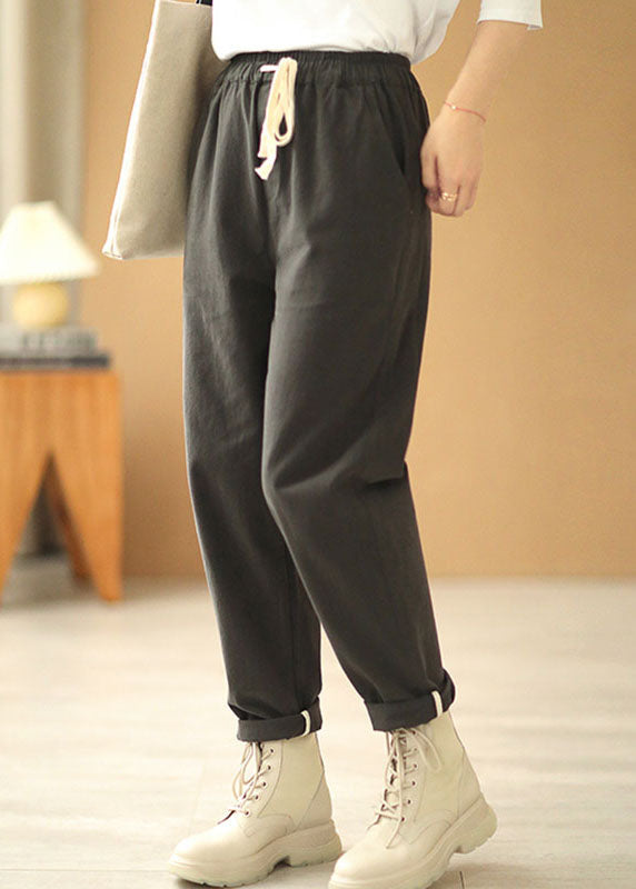 Grey Tie Waist Pockets Straight Fall Pants