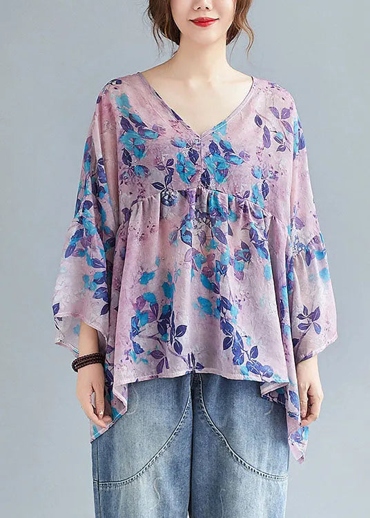 Diy Purple Print Loose Patchwork Asymmetrical Design Fall Blouses Half Sleeve