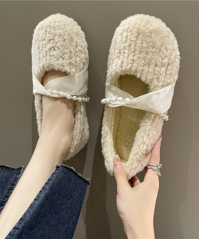 French Apricot Fuzzy Fur Splicing Flat Shoes for