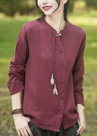 Mulberry Stand Collar Tasseled Patchwork Cotton Shirts Fall
