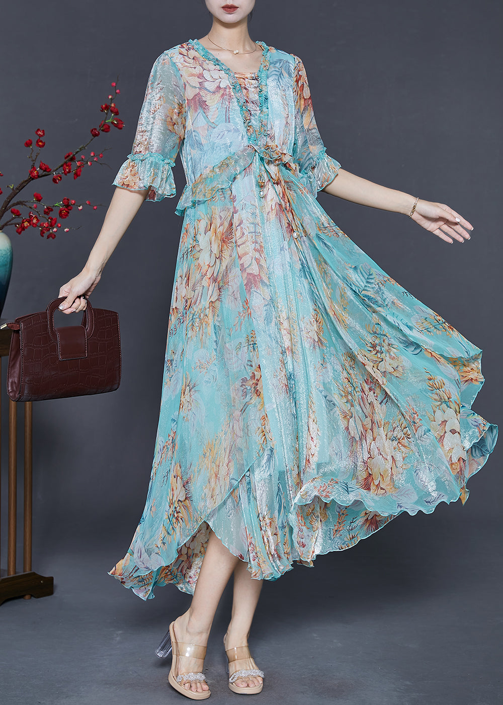 Blue Ruffled Print Silk Ankle Dress Summer