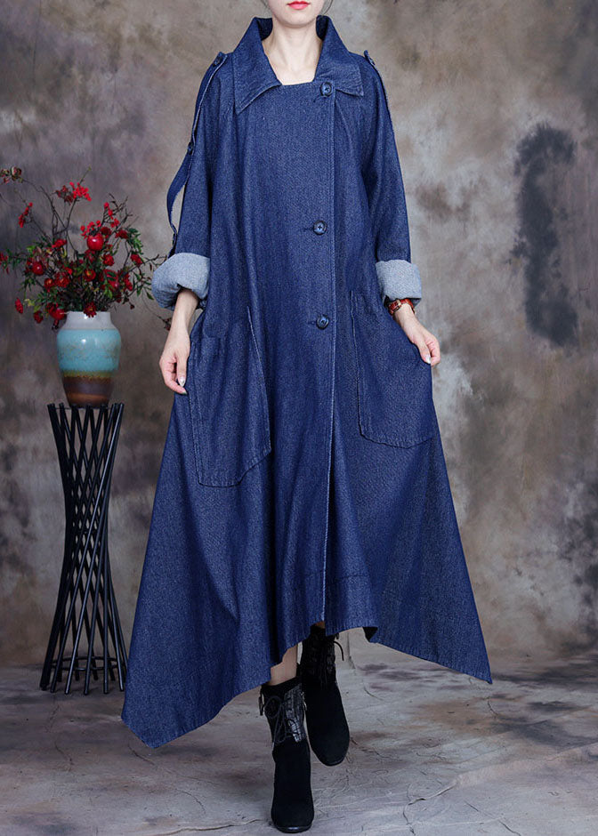 Blue Asymmetrical Design Button Peter Pan Collar Cotton Denim Trench Coats Spring