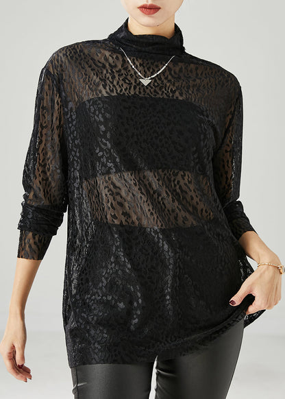 Black Turtle Neck Hollow Out Tulle Top Spring