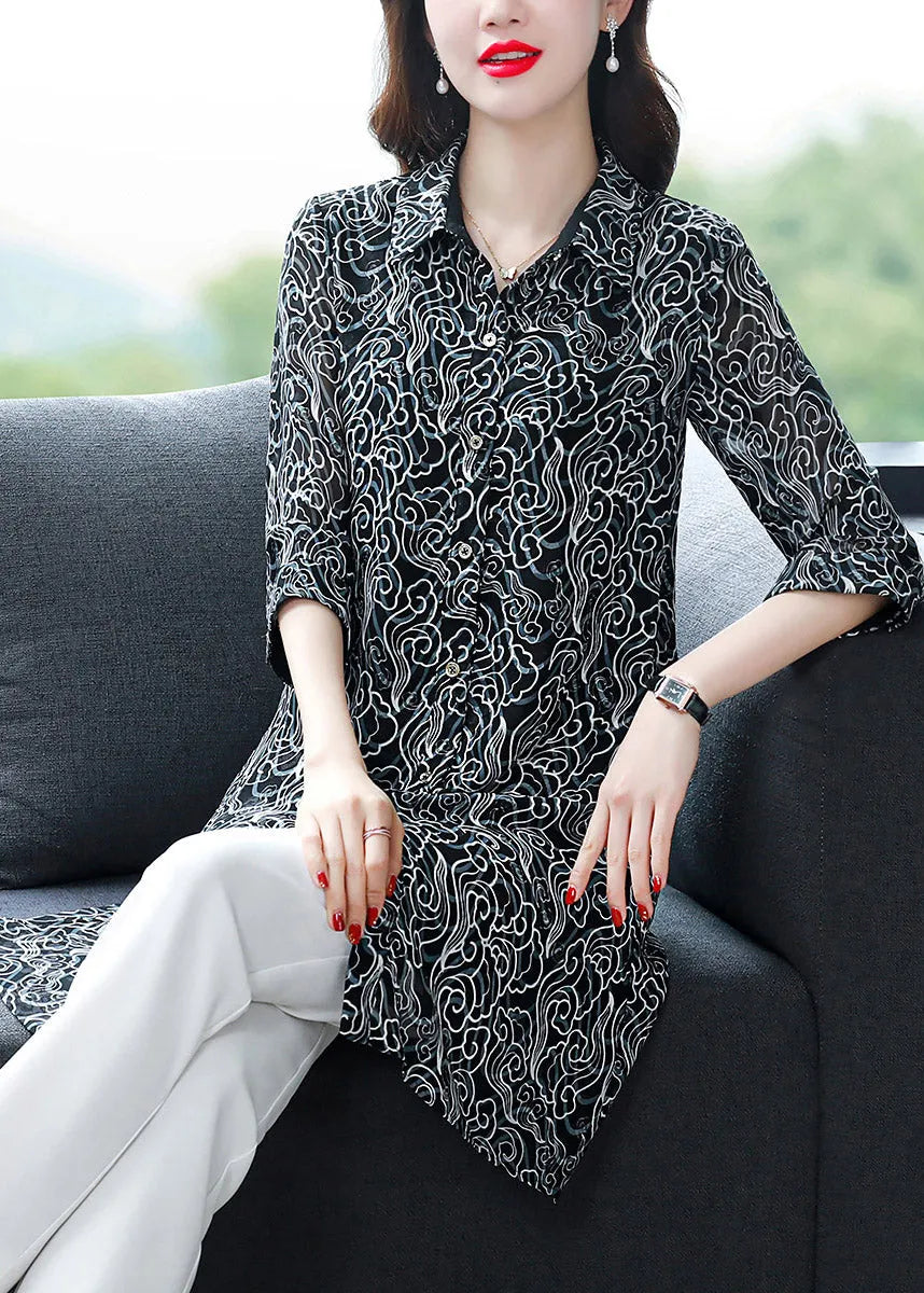 Black Peter Pan Collar Button Print Chiffon Shirt Tops Spring