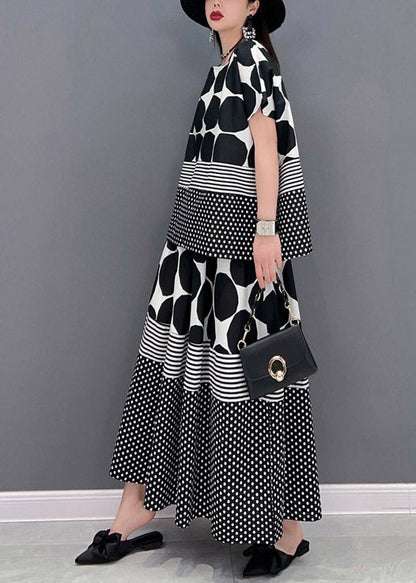 Loose Grey O-neck Dot Print Chiffon Tops and Skirts Two Pieces Set Short Sleeve