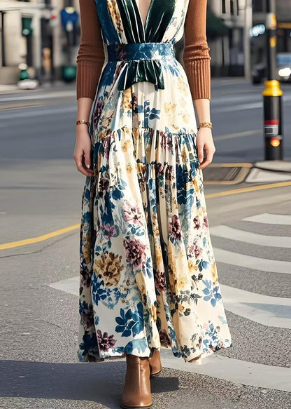 V Neck Patchwork Print Silk Velour Long Dress Fall