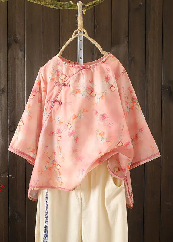 Diy Yellow O-neck Oriental Button Print Cotton Blouse Top Bracelet Sleeve