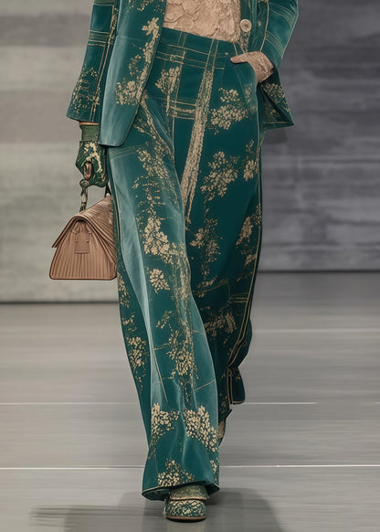 Green Oversized Print Spandex Coats and Straight Pants Two Piece Set Spring
