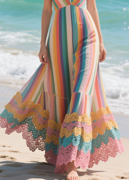 Rainbow Striped Patchwork Lace Chiffon Spaghetti Strap Dress Summer