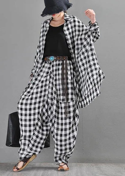 Black Plaid Batwing Sleeve Linen Top Summer