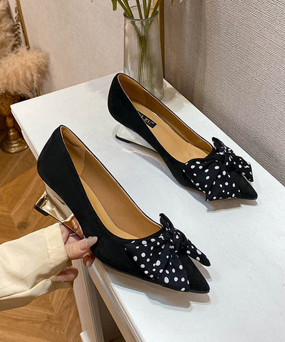 Bow Splicing Wedge Shoes Black Suede Pointed Toe