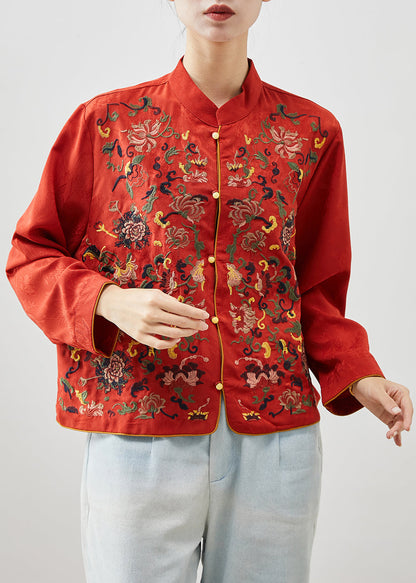 Red Mandarin Collar Embroideried Silk Shirt Top Fall