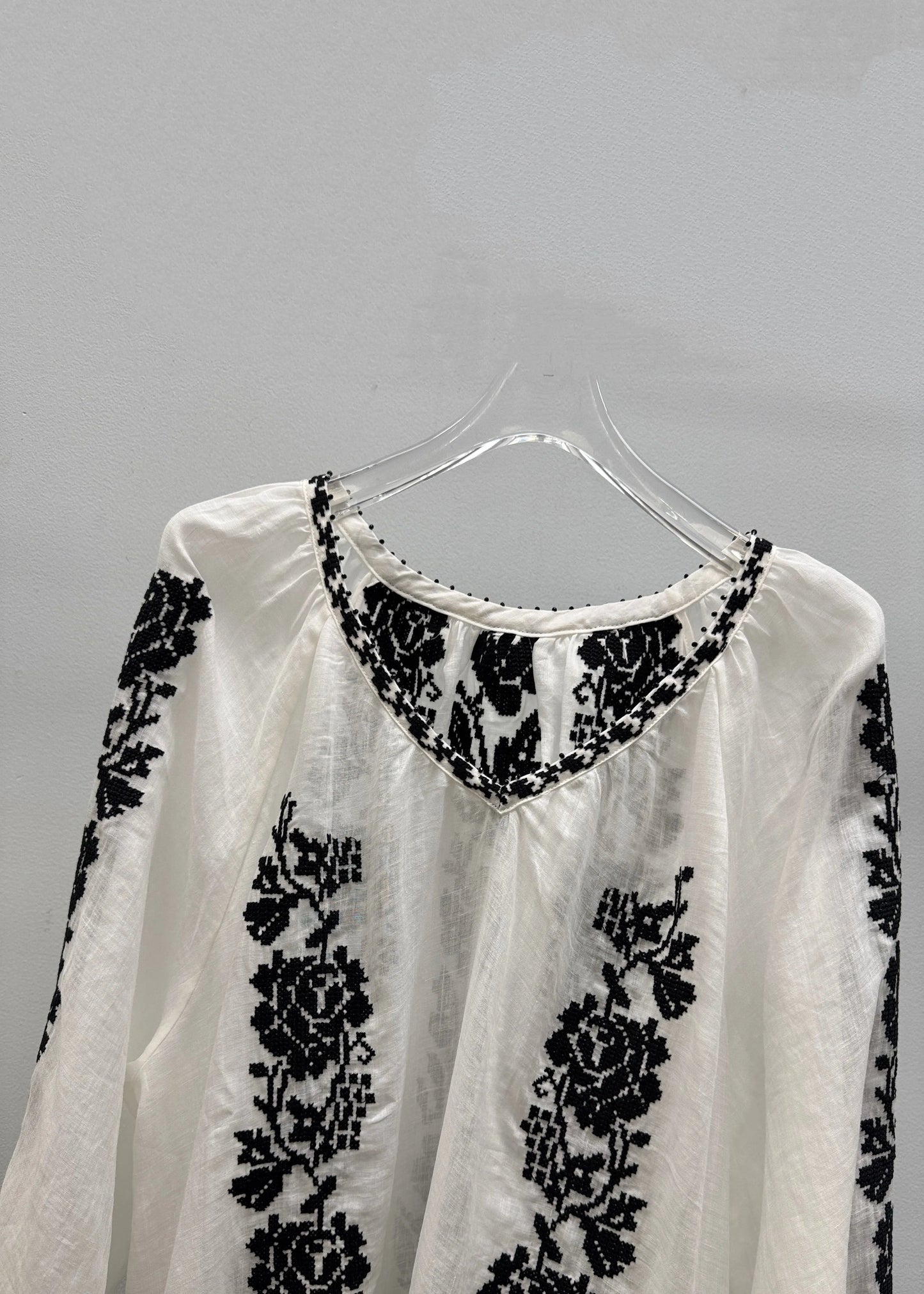 Handmade White V Neck Embroidered Linen Blouses Fall