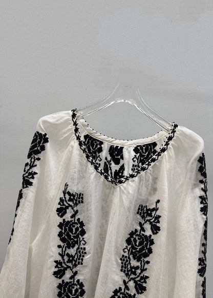 Handmade White V Neck Embroidered Linen Blouses Fall