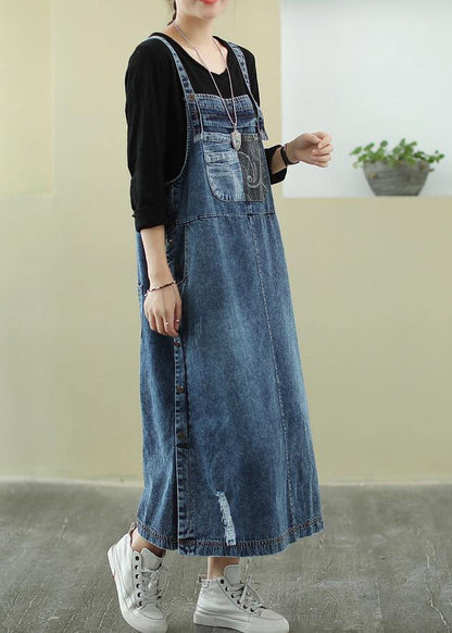 Vivid Denim Blue Tunic Dress Slash Neck Hole Maxi Dress