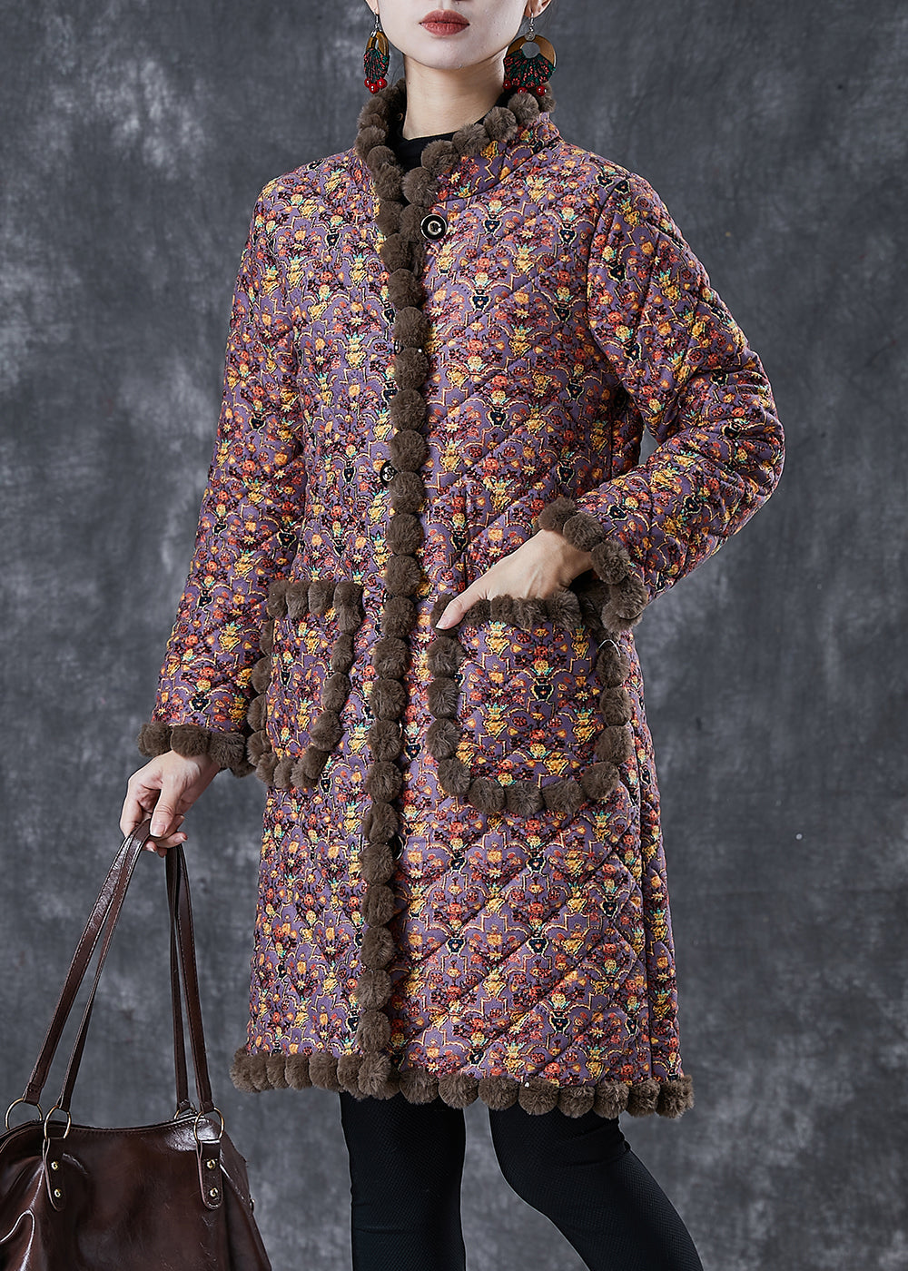Purple Print Warm Fleece Coat Oversized Stand Collar Winter