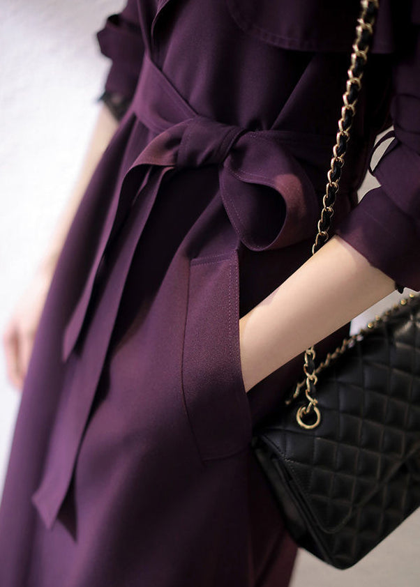 Dark Purple Notched Pockets Trench Coats Long Sleeve