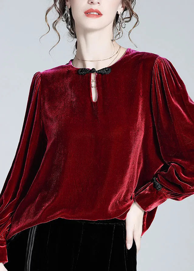 Natural Mulberry O-neck Button Velour Top Spring