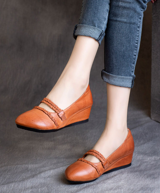 Mulberry Cowhide Wrinkled Leather Splicing High Wedge Heels