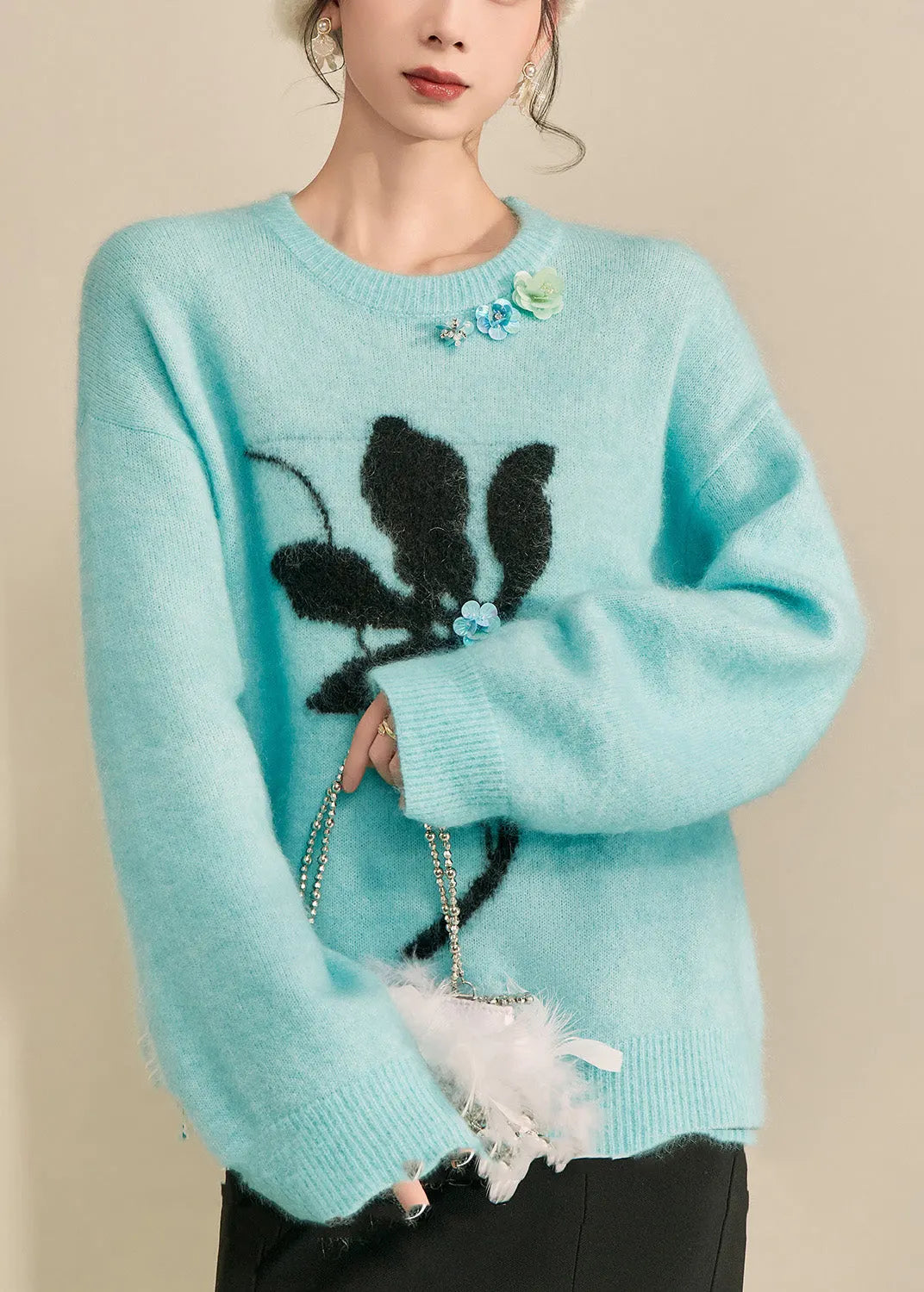 Blue Print Patchwork Thick Cotton Knit Sweater Long Sleeve Fall