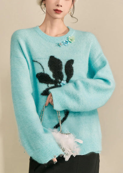 Blue Print Patchwork Thick Cotton Knit Sweater Long Sleeve Fall