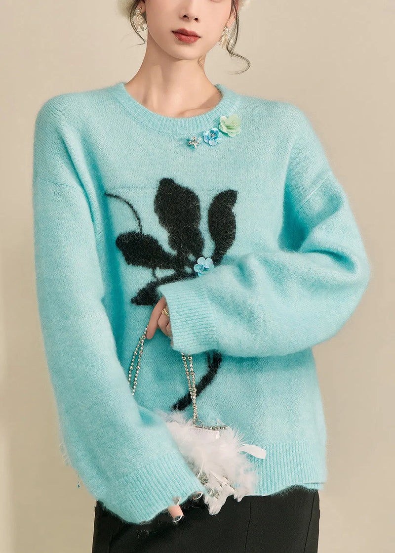 Blue Print Patchwork Thick Cotton Knit Sweater Long Sleeve Fall