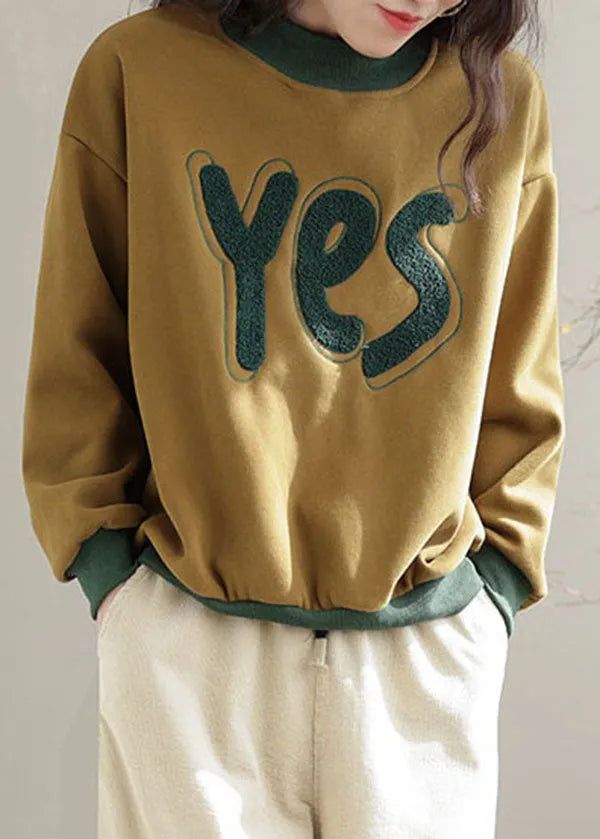 Yellow Embroideried Patchwork Warm Fleece Pullover Sweatshirt Spring