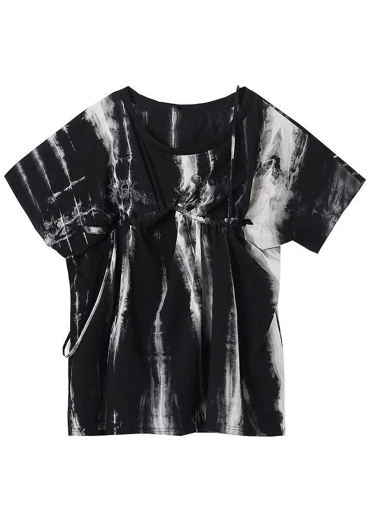 Black Tie Dye One Shoulder Tie Waist Shirt Tops Summer