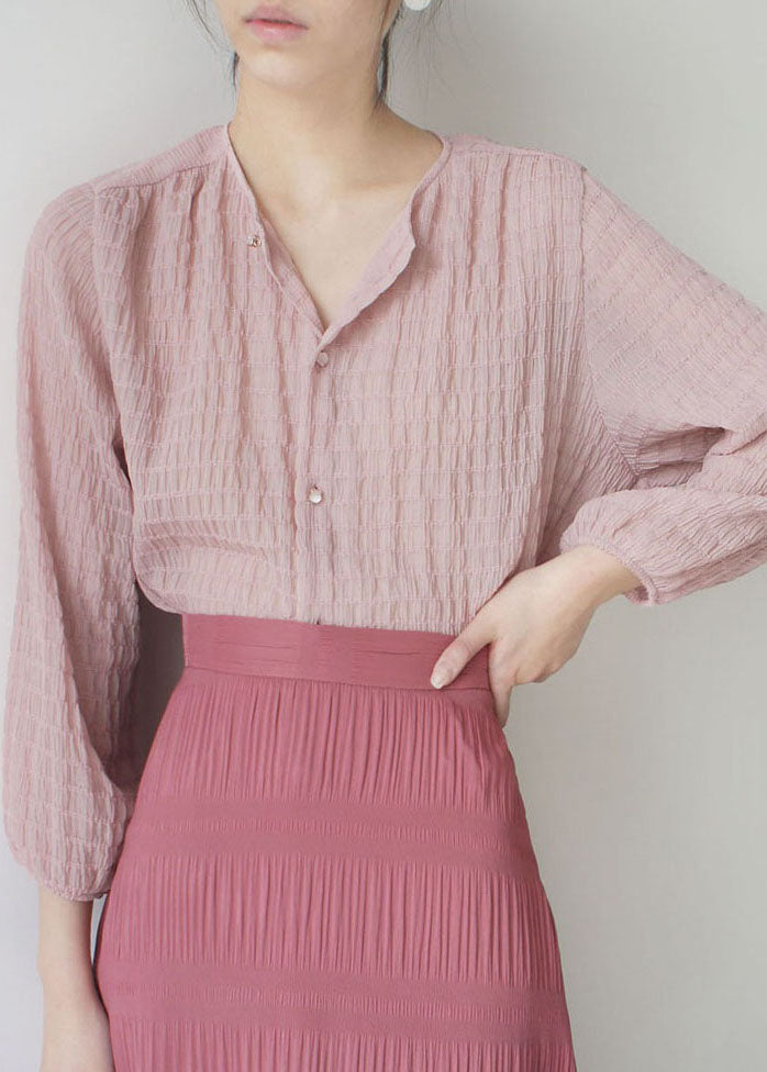 Art Pink O-neck Wrinkled Shirt Spring