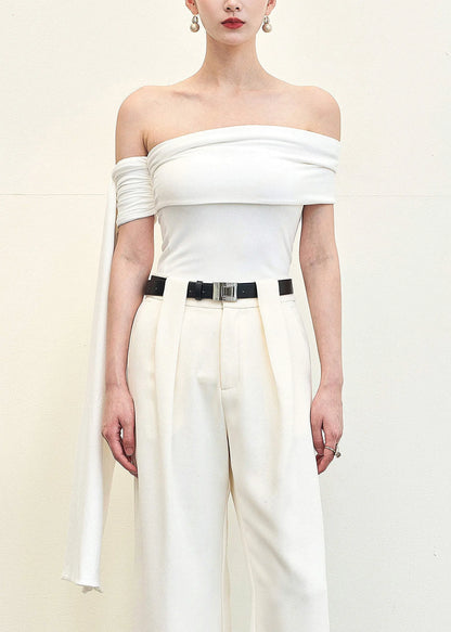 Slim Fit White Slash Neck Cotton Tops Sleeveless
